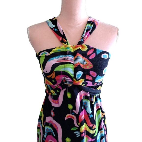 VTG 90s Black Colorful Birds Folk Art Print Sleeveless Halter Maxi Dress Small - Picture 4 of 17
